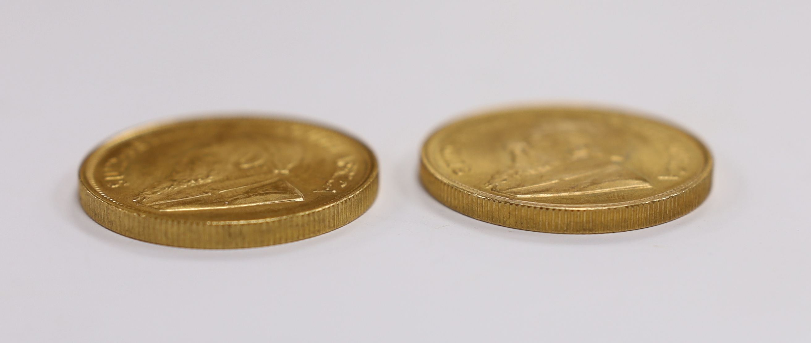 Gold coins, South Africa, two gold 1oz. Krugerrands, 1975, near UNC (2oz.)